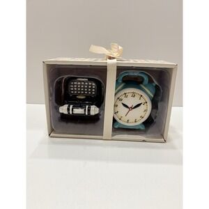 BLUE SKY Typerwriter And Alarm Clock Salt And Pepper Shakers Retro - New